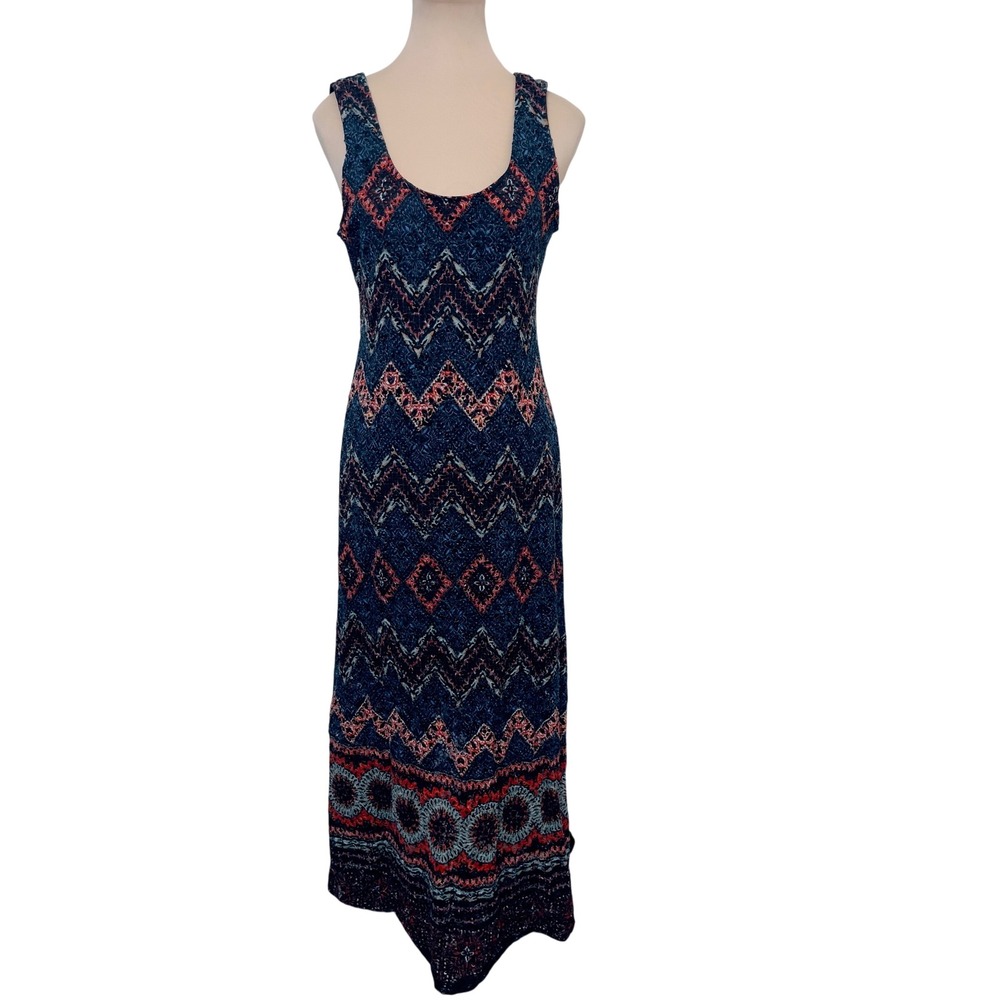 Ronni Nicole Women Maxi Dress 10 Blue Geometric Chevron Sleeveless‎ Boho Casual